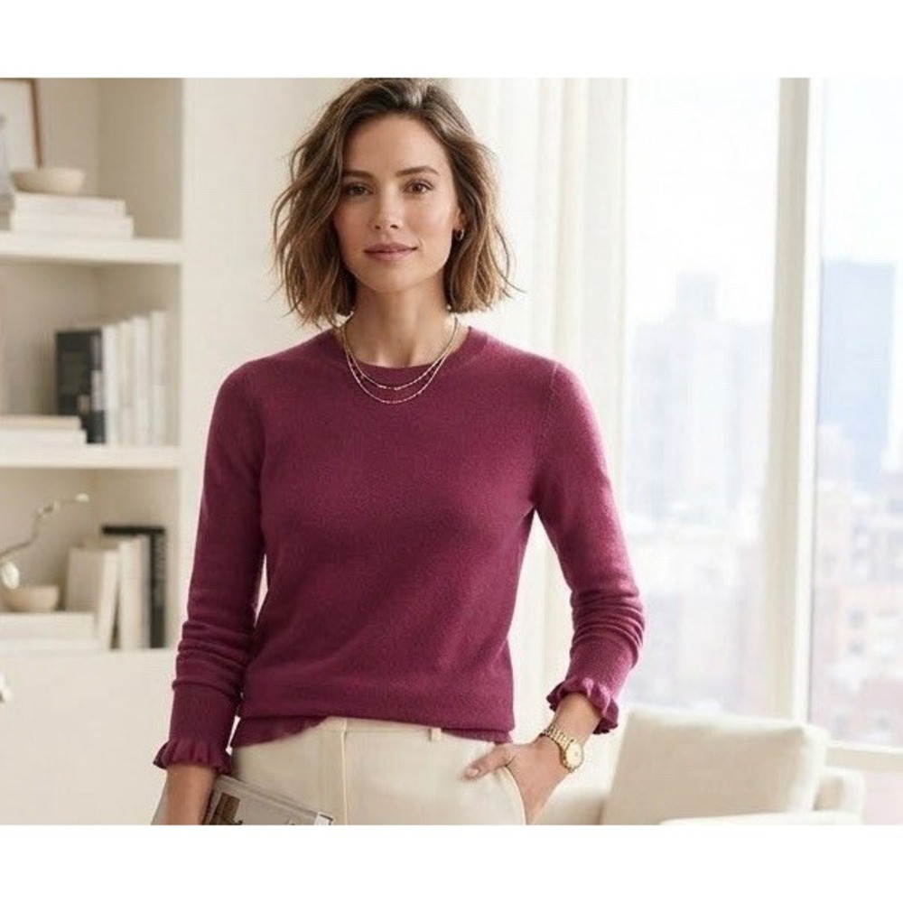 Banana Republic Sweater Women's Merino Wool Blend Bordeaux Crew Sz S Ruffle Cuff